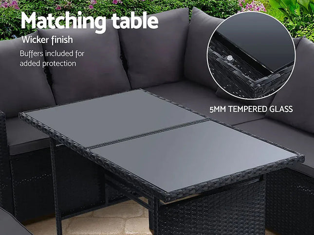 Gardeon 9-Seater Outdoor Wicker Dining Sofa Set with Tempered Glass Table
