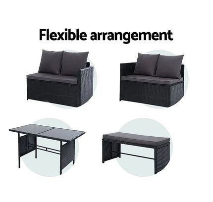 Gardeon 9-Seater Outdoor Wicker Dining Sofa Set with Tempered Glass Table