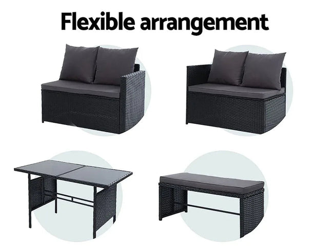 Gardeon 9-Seater Outdoor Wicker Dining Sofa Set with Tempered Glass Table