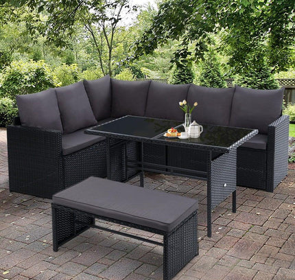 Gardeon 9-Seater Outdoor Wicker Dining Sofa Set with Tempered Glass Table