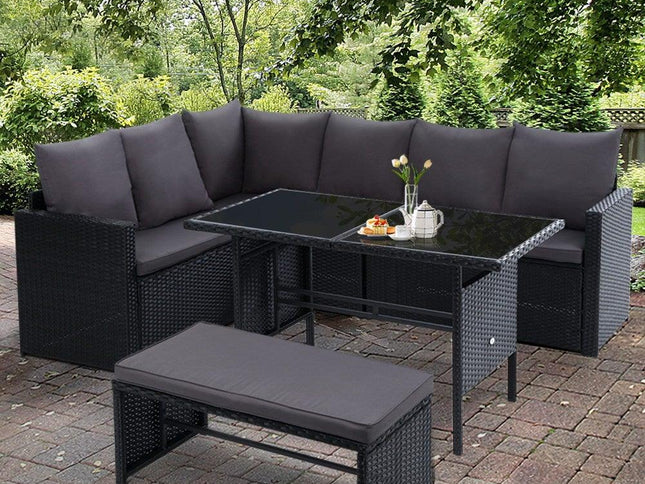 Gardeon 9-Seater Outdoor Wicker Dining Sofa Set with Tempered Glass Table