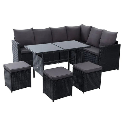 Gardeon 9-Seater Outdoor Wicker Dining Set with Ottomans & Tempered Glass Table