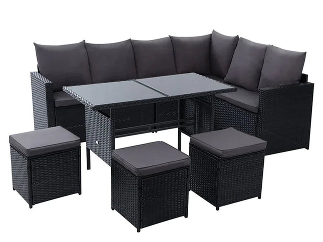 Gardeon 9-Seater Outdoor Wicker Dining Set with Ottomans & Tempered Glass Table