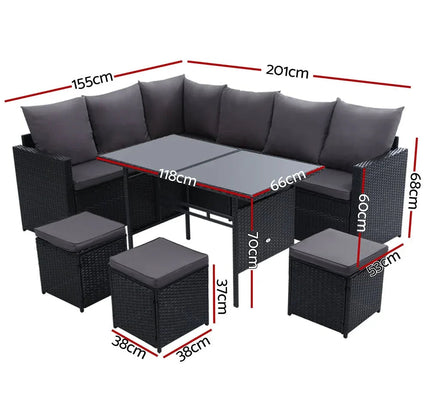Gardeon 9-Seater Outdoor Wicker Dining Set with Ottomans & Tempered Glass Table