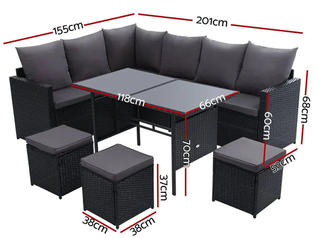 Gardeon 9-Seater Outdoor Wicker Dining Set with Ottomans & Tempered Glass Table