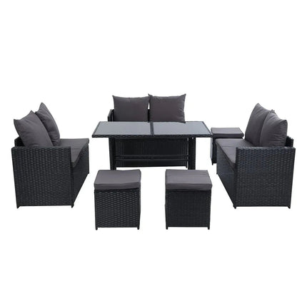 Gardeon 9-Seater Outdoor Wicker Dining Set with Ottomans & Tempered Glass Table