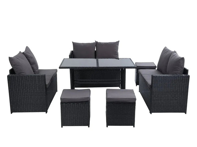 Gardeon 9-Seater Outdoor Wicker Dining Set with Ottomans & Tempered Glass Table