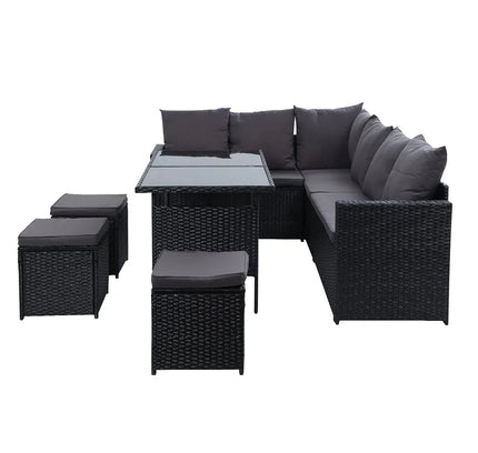Gardeon 9-Seater Outdoor Wicker Dining Set with Ottomans & Tempered Glass Table