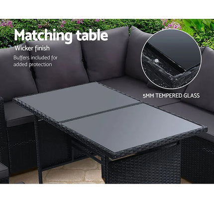 Gardeon 9-Seater Outdoor Wicker Dining Set with Ottomans & Tempered Glass Table