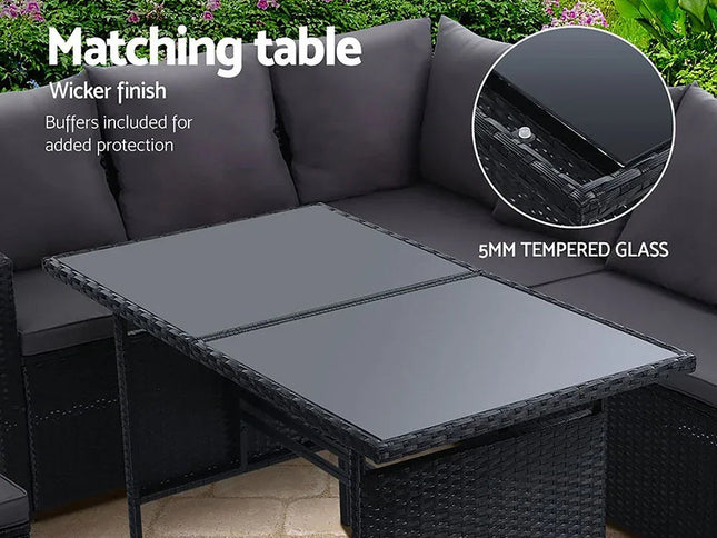Gardeon 9-Seater Outdoor Wicker Dining Set with Ottomans & Tempered Glass Table