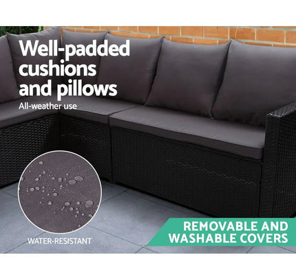 Gardeon 9-Seater Outdoor Wicker Dining Set with Ottomans & Tempered Glass Table