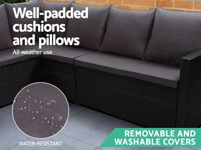 Gardeon 9-Seater Outdoor Wicker Dining Set with Ottomans & Tempered Glass Table