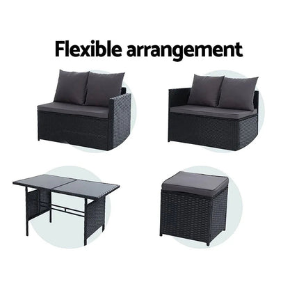 Gardeon 9-Seater Outdoor Wicker Dining Set with Ottomans & Tempered Glass Table