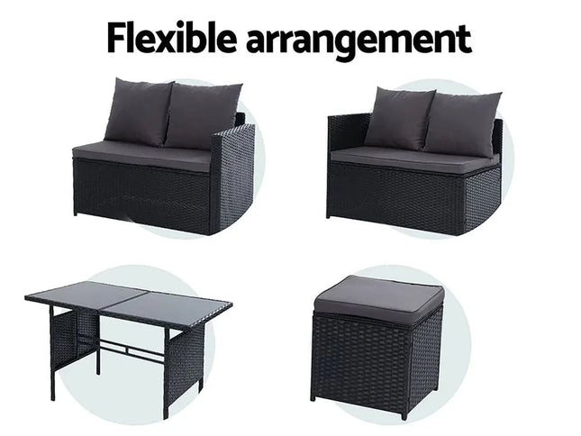 Gardeon 9-Seater Outdoor Wicker Dining Set with Ottomans & Tempered Glass Table