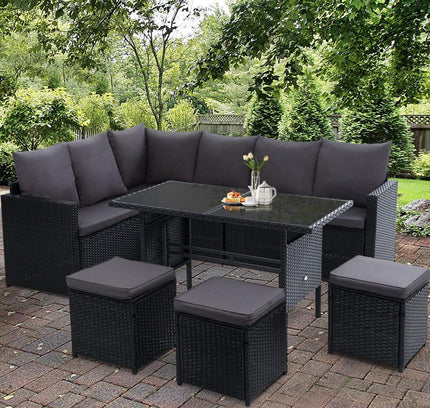 Gardeon 9-Seater Outdoor Wicker Dining Set with Ottomans & Tempered Glass Table