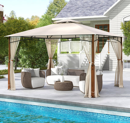 12x10 Feet Patio Gazebo with Netting and 2-Tier Canopy Roof-Beige