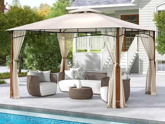 12x10 Feet Patio Gazebo with Netting and 2-Tier Canopy Roof-Beige