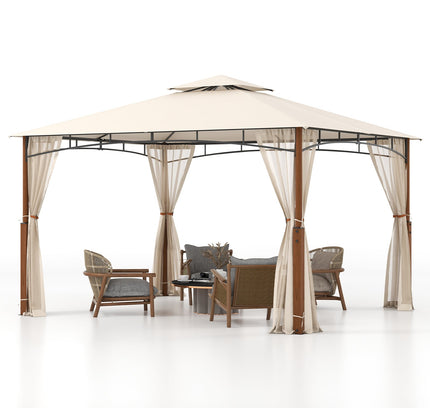12x10 Feet Patio Gazebo with Netting and 2-Tier Canopy Roof-Beige