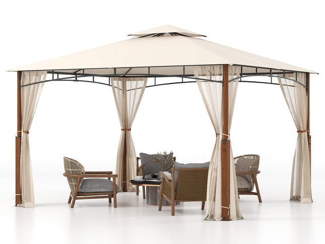12x10 Feet Patio Gazebo with Netting and 2-Tier Canopy Roof-Beige