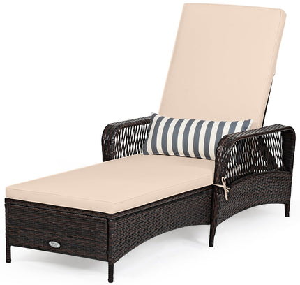 Patio Wicker Chaise Lounge Chair with Adjustable Backrest and Pillow