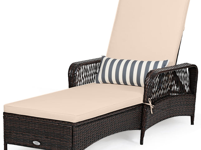 Patio Wicker Chaise Lounge Chair with Adjustable Backrest and Pillow