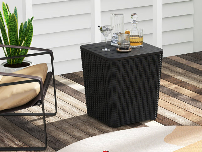Outdoor Resin Storage Side Table with Removable Lid and Wicker-woven Accent