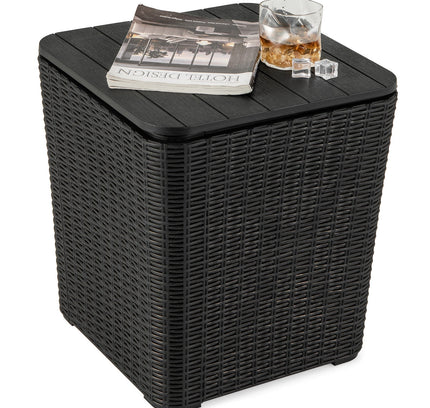 Outdoor Resin Storage Side Table with Removable Lid and Wicker-woven Accent