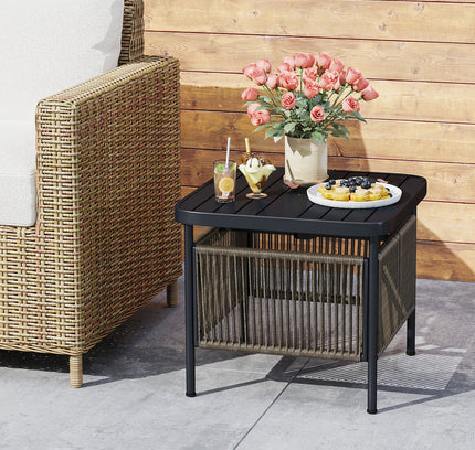 Outdoor Side Table with Umbrella Hole and Storage Shelf