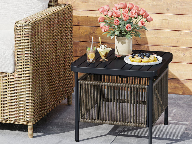 Outdoor Side Table with Umbrella Hole and Storage Shelf
