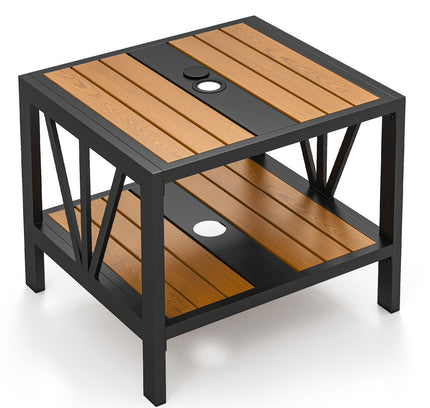 Outdoor Side Table with Umbrella Hole and Storage Shelf for Porch