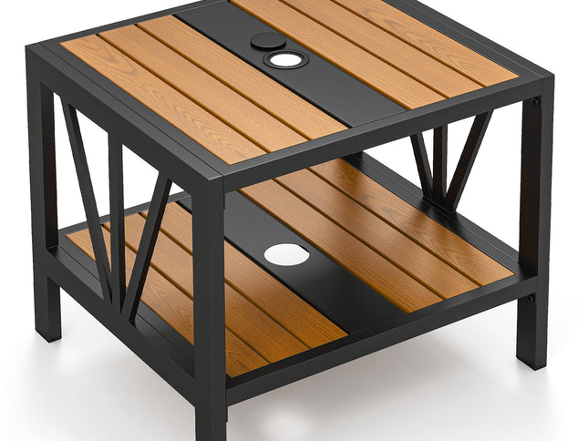 Outdoor Side Table with Umbrella Hole and Storage Shelf for Porch