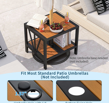 Outdoor Side Table with Umbrella Hole and Storage Shelf for Porch