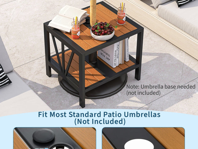 Outdoor Side Table with Umbrella Hole and Storage Shelf for Porch
