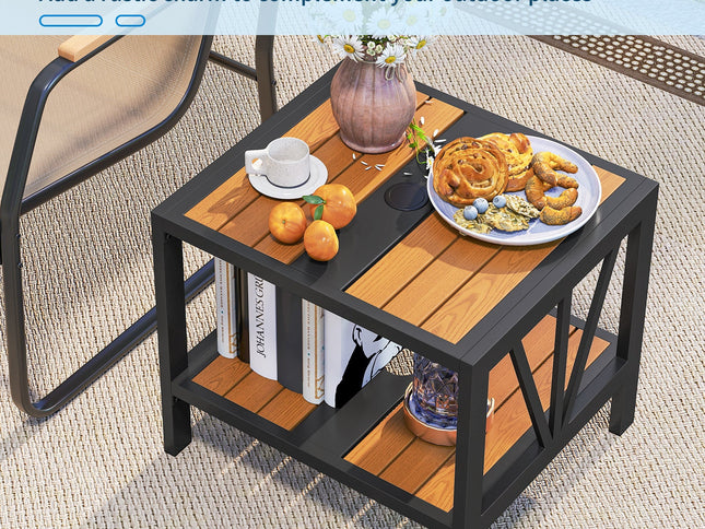 Outdoor Side Table with Umbrella Hole and Storage Shelf for Porch
