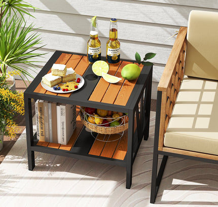 Outdoor Side Table with Umbrella Hole and Storage Shelf for Porch