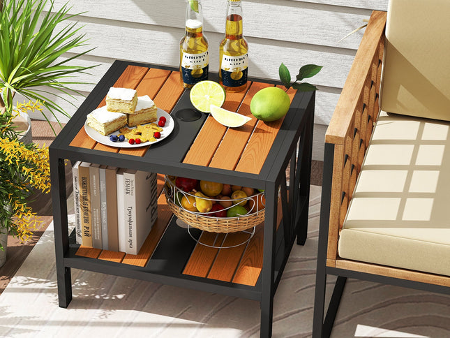 Outdoor Side Table with Umbrella Hole and Storage Shelf for Porch