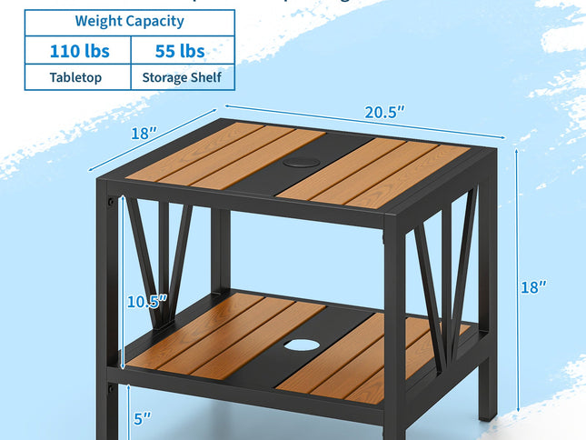 Outdoor Side Table with Umbrella Hole and Storage Shelf for Porch