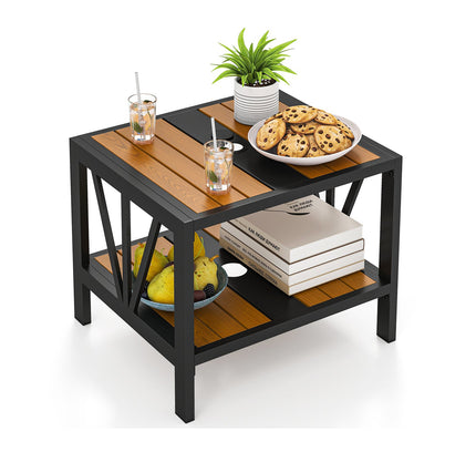 Outdoor Side Table with Umbrella Hole and Storage Shelf for Porch