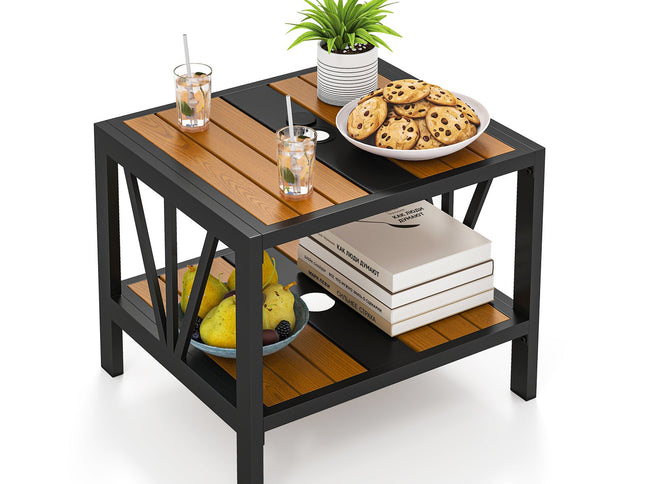 Outdoor Side Table with Umbrella Hole and Storage Shelf for Porch