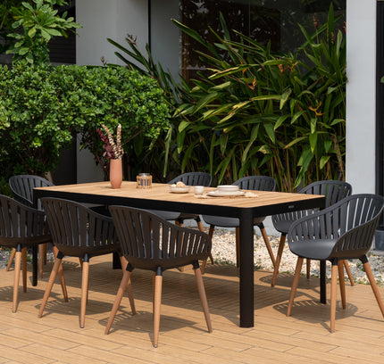 Portals Dark Rectangular Teak Table and 8 Nassau Black Dining Set