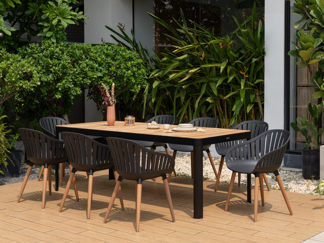 Portals Dark Rectangular Teak Table and 8 Nassau Black Dining Set