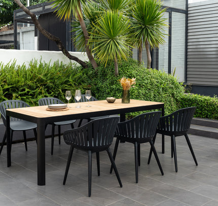 Portals Dark Rectangular Teak Table and 6 Nassau Black Aluminum Dining Set
