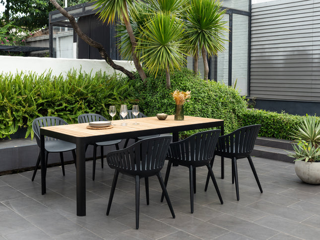 Portals Dark Rectangular Teak Table and 6 Nassau Black Aluminum Dining Set