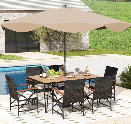 7-Piece Outdoor Acacia Wood & Rattan Dining Set with Umbrella Hole, Seats 6