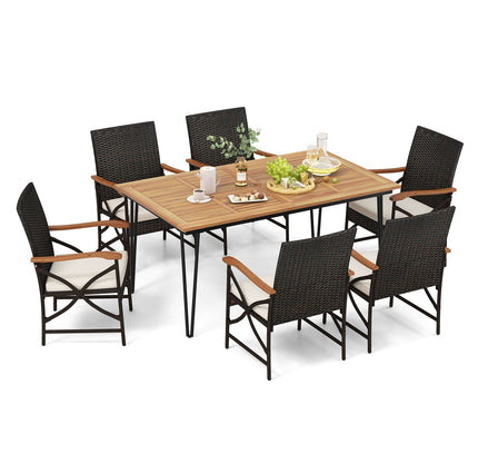 7-Piece Outdoor Acacia Wood & Rattan Dining Set with Umbrella Hole, Seats 6