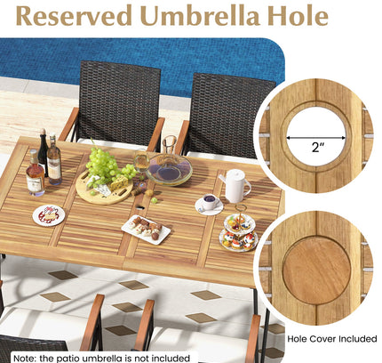 7-Piece Outdoor Acacia Wood & Rattan Dining Set with Umbrella Hole, Seats 6