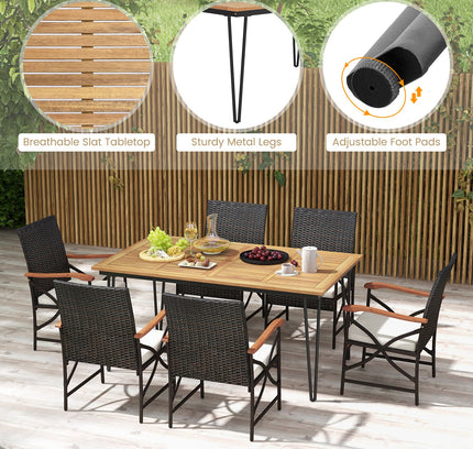 7-Piece Outdoor Acacia Wood & Rattan Dining Set with Umbrella Hole, Seats 6