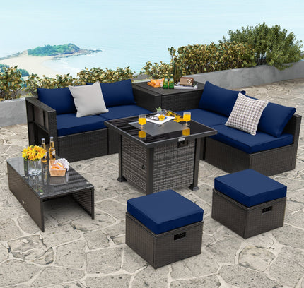 Outdoor 9-Piece Patio Furniture Set with 50 000 BTU Propane Fire Pit Table-Navy