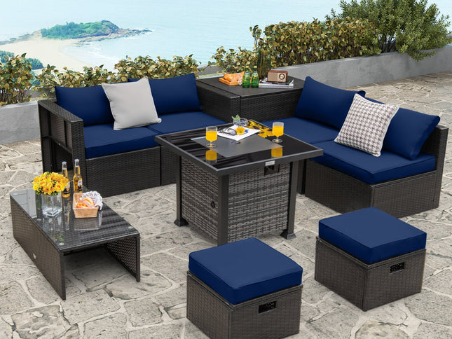 Outdoor 9-Piece Patio Furniture Set with 50 000 BTU Propane Fire Pit Table-Navy