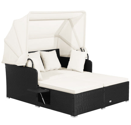 Patio Rattan Daybed with Retractable Canopy and Side Tables